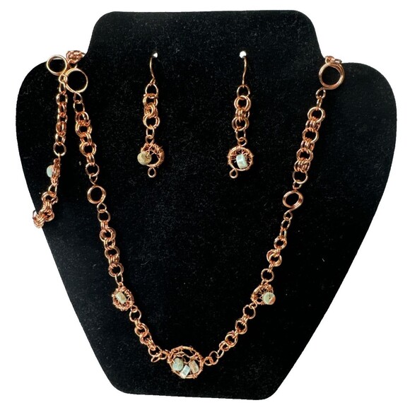 Copper Wire Necklace Earrings And Bracelet Set With Dyed Jasper Hand Made - Picture 1 of 13
